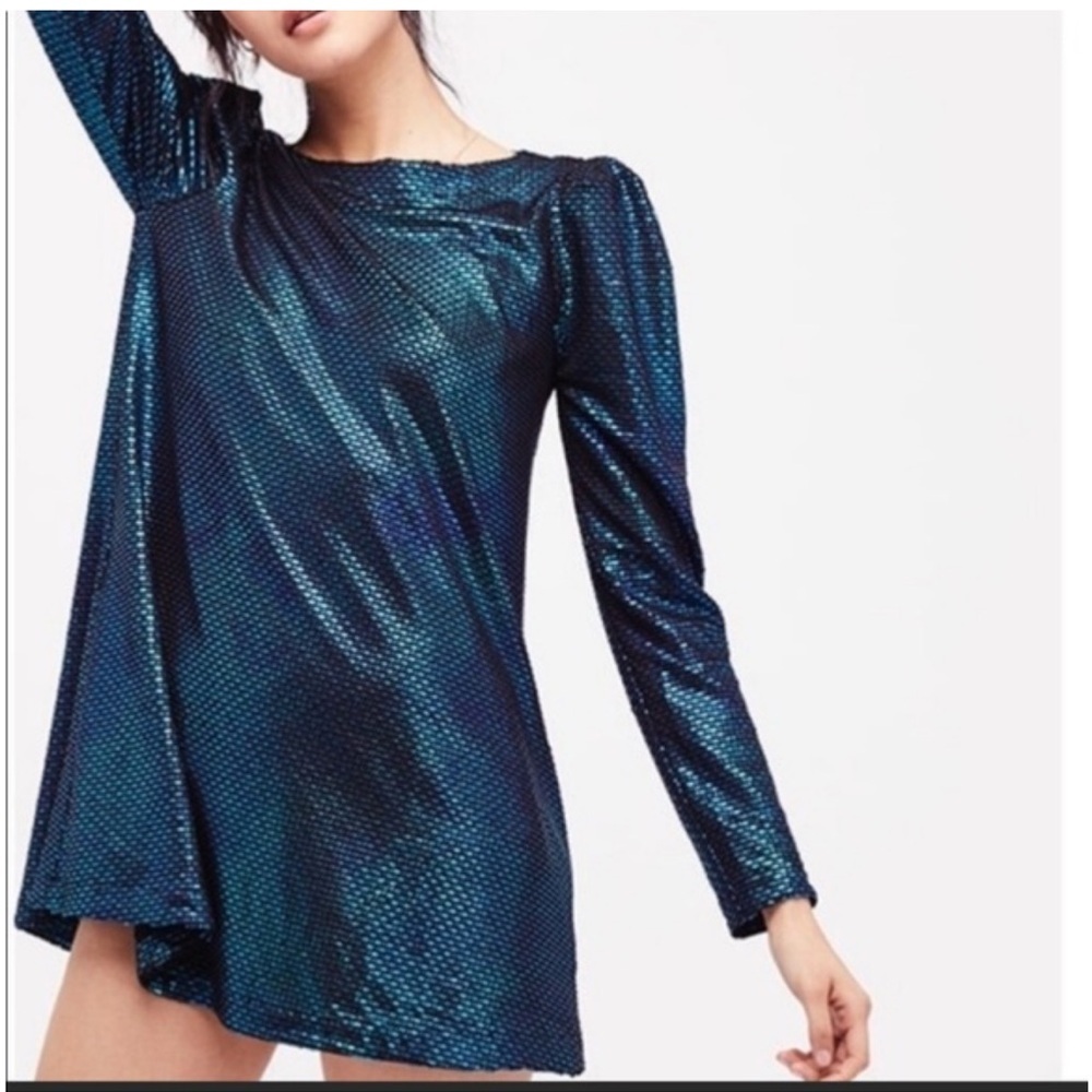 Free People Diamonds Are Forever Mini Dress XS Blue Metallic Long Sleeve  Dress